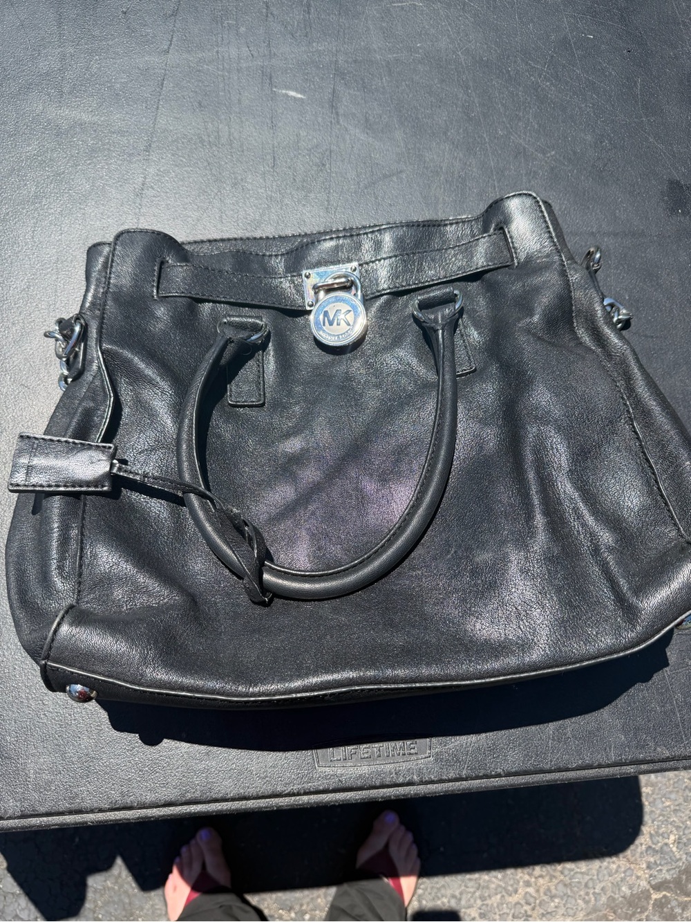 Michael Kors Black Leather Tote with Silver MK Medallion
